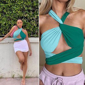 Women's Ribbed Halter Crop Top Criss Cross Ruched Lace-up Cami Bandana Top Cropp